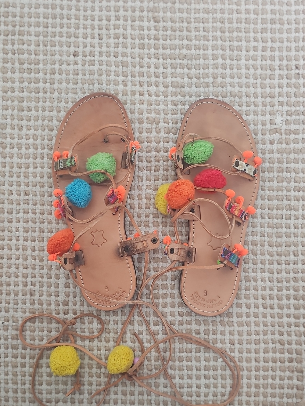 Boho ,Tan Leather Pom-Pom Lace-Up Sandals - Colorful Pom Accents